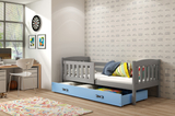 KUBUŚ 80X160 egyszemélyes gyermekágy matraccal és fiókkal, grafit/kék