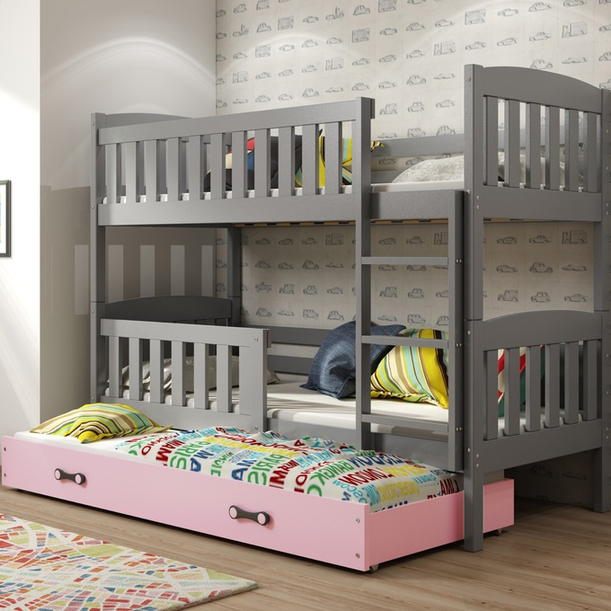 KUBUŚ 90X200 háromszemélyes ifjúsági ágy fiókkal, grafit/rózsaszín