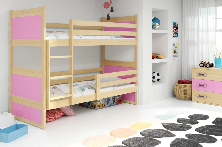 Rico emeletes ágy 90x190, matraccal, fenyő/rózsaszín