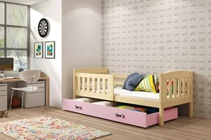 KUBUŚ 80X190 egyszemélyes ifjúsági ágy matraccal és fiókkal, fenyő/rózsaszín