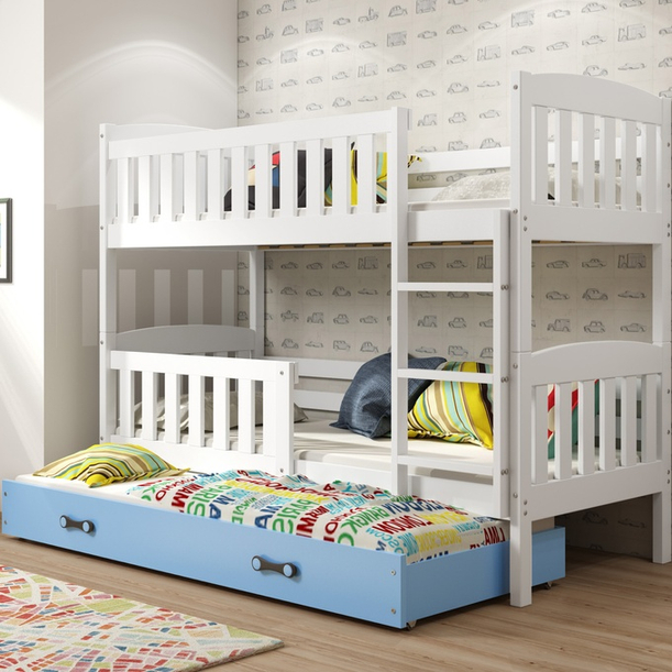 KUBUŚ 90X190 háromszemélyes ifjúsági ágy matraccal és fiókkal, fehér/kék