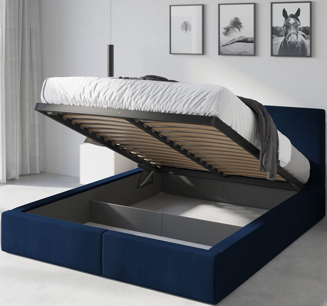 HILTON 120X200 kárpitozott hálószoba ágy, kék, tárolódobozzal