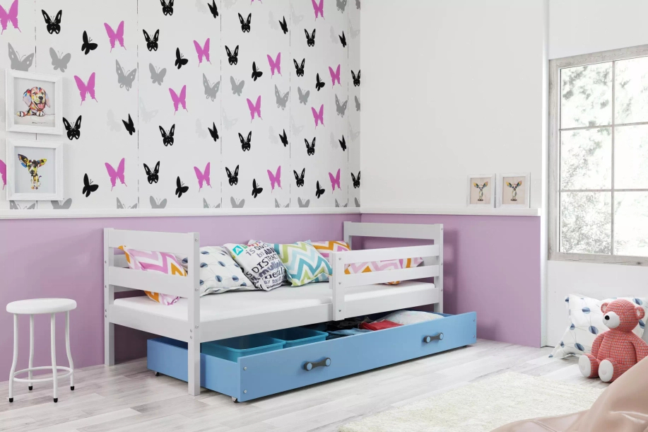 ERYK 80X190 egyszemélyes ifjúsági ágy, fehér/kék, fiókkal