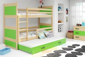 Junior háromszemélyes ágy RICO 90X200 matraccal és fiókkal, fenyő/zöld