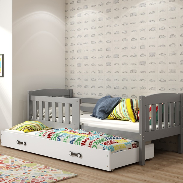 Jacquot 90x190 tini franciaágy matraccal és fiókkal, szürke/fehér