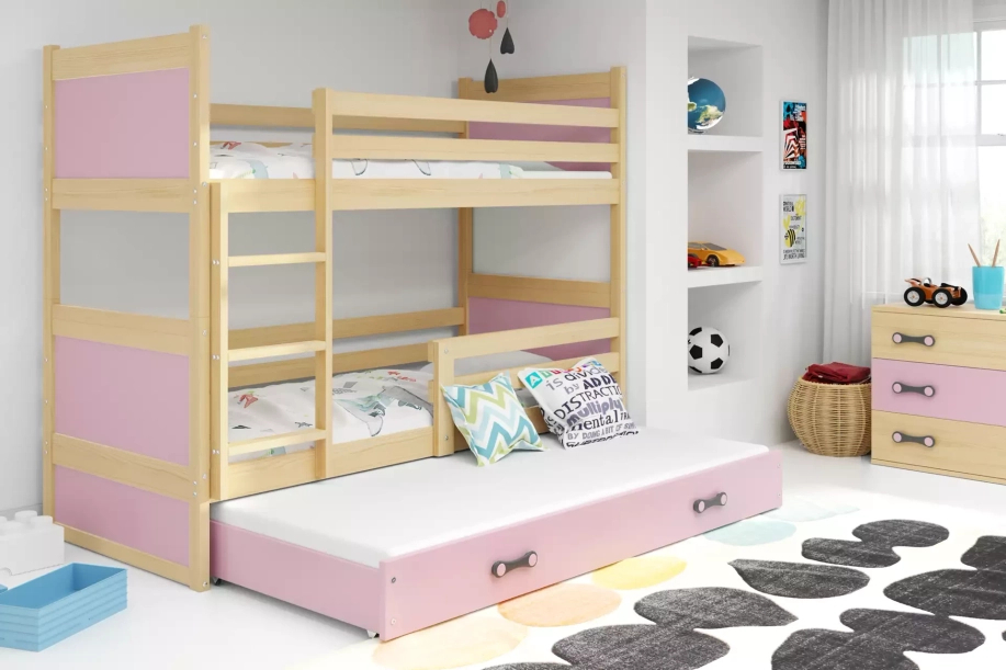 Rico 3 üléses tini emeletes ágy 90x190 fiókkal, fenyő/rózsaszín