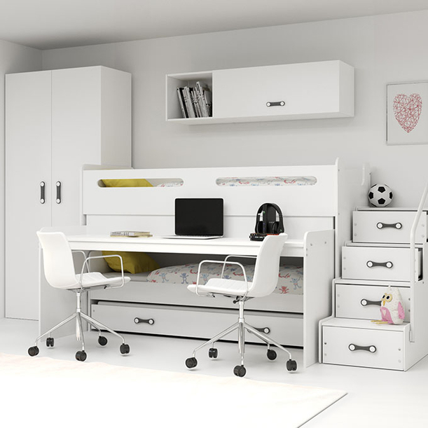 MAX 1 80X200 háromszemélyes ifjúsági ágy íróasztallal, fehér színben