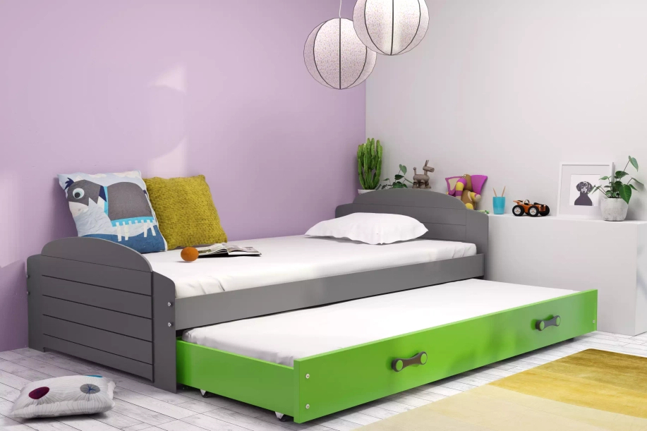 LILI 90X200 kihúzható ifjúsági ágy matraccal és fiókkal, grafit/zöld