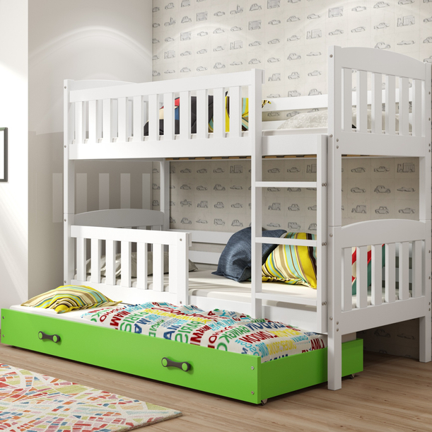 KUBUŚ 90X200 ifjúsági háromszemélyes ágy matraccal és fiókkal, fehér/zöld