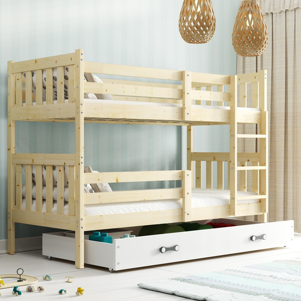 Junior emeletes ágy KACPER 90X190 matraccal és fiókkal, borovi fenyőfa/fehér