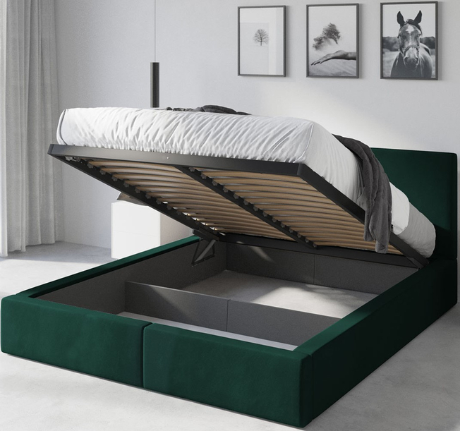 HILTON 140X200 kárpitozott hálószoba ágy, zöld, tárolódobozzal