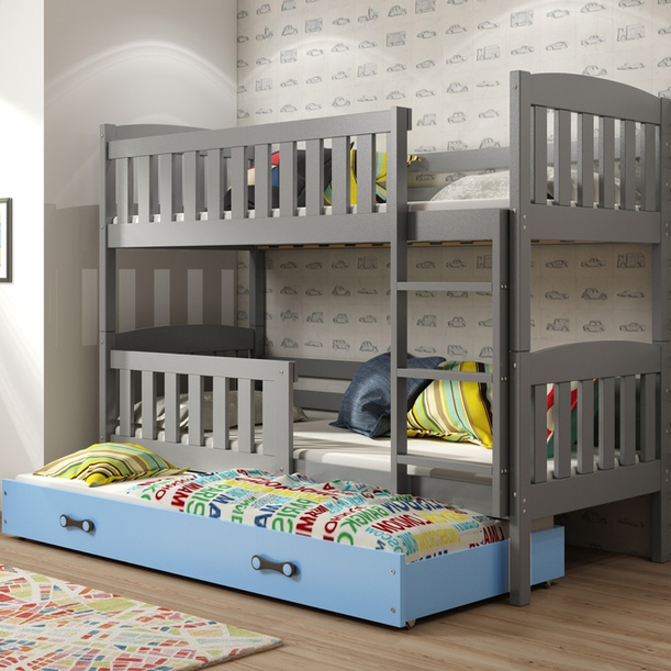 KUBUŚ 90X190 háromszemélyes ifjúsági ágy matraccal és fiókkal, grafit/kék