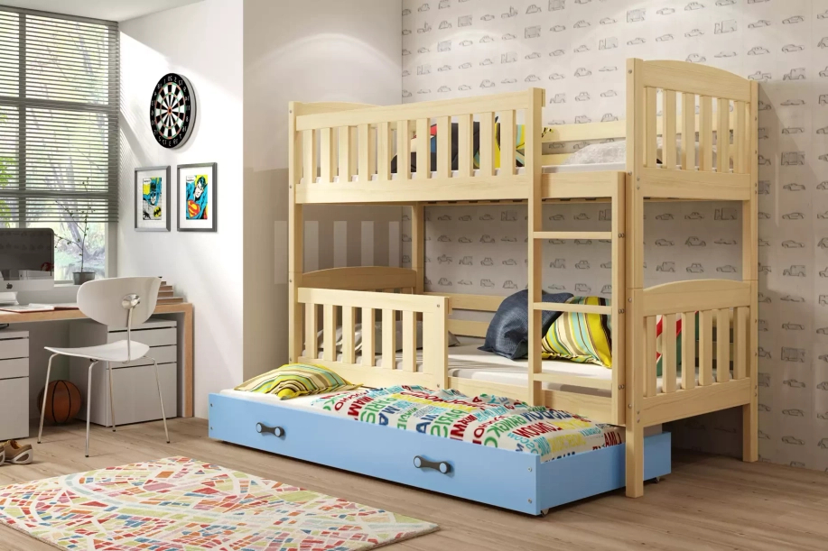 Jacquot 3 üléses tini emeletes ágy 90x190 fiókkal, fenyő/kék
