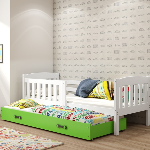 Jacquot 90x190 tini franciaágy matraccal és fiókkal, fehér/zöld