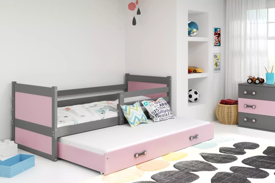 Rico tini franciaágy 90x190 matraccal és fiókkal, szürke/rózsaszín, szürke/rózsaszín