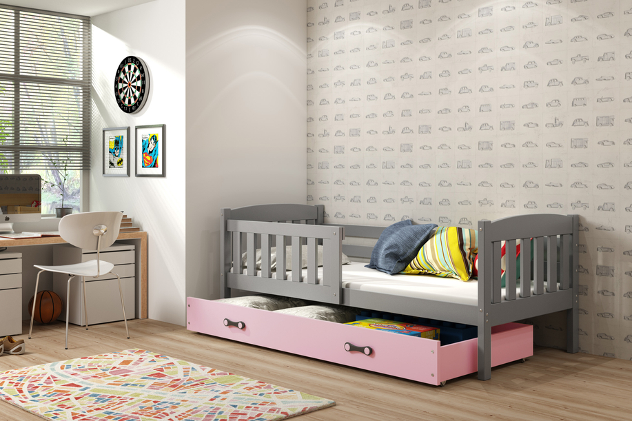 KUBUŚ 90X200 egyszemélyes ifjúsági ágy fiókkal, grafit/rózsaszín