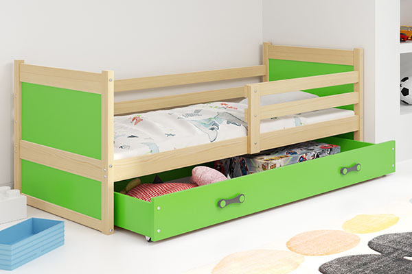 Junior egyszemélyes ágy RICO 80X190 fiókkal, fenyő/zöld