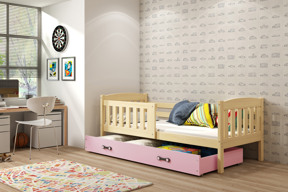 KUBUŚ 90X200 egyszemélyes ifjúsági ágy matraccal és fiókkal, fenyő/rózsaszín