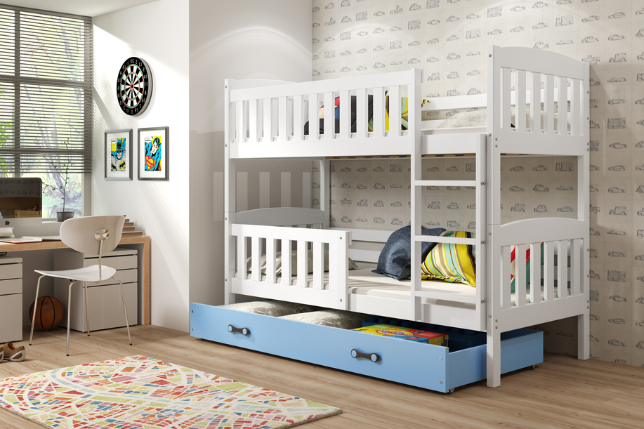 Junior emeletes ágy KUBUŚ 90X190 fiókkal, fehér/kék
