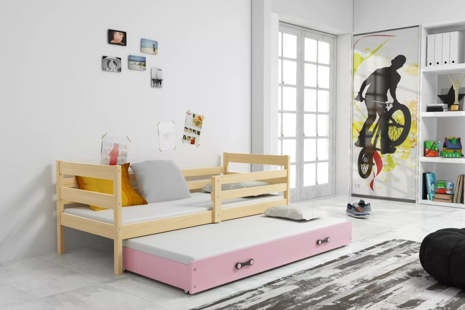 Kihúzható ifjúsági ágy ERYK 80X190 matraccal és fiókkal, fenyő/rózsaszín