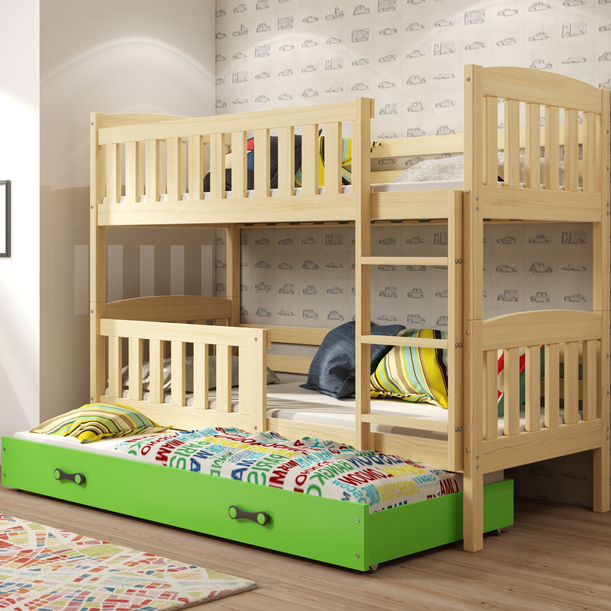 KUBUŚ 90X200 háromszemélyes ifjúsági ágy matraccal és fiókkal, fenyő/zöld