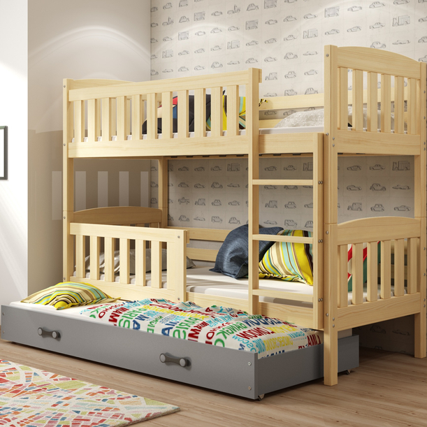 Háromszemélyes ifjúsági ágy KUBUŚ 90X200 fiókkal, fenyő/grafit