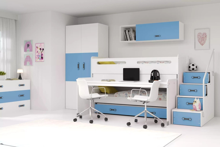 MAX 1 80X200 háromszemélyes ifjúsági ágy íróasztallal, kék színű