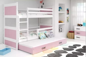3 ÜLÉSES TINI EMELETES ÁGY RICO FEHÉR KERET RÓZSASZÍN PANELEK RÓZSASZÍN FIÓK 90 X 190