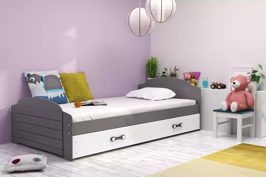 LILI 90X200 egyszemélyes ifjúsági ágy fiókkal, grafit/fehér