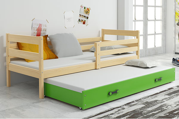 Kihúzható ifjúsági ágy ERYK 90X200 matraccal és fiókkal, fenyő/zöld