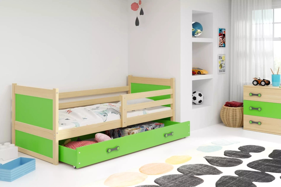 Junior egyszemélyes ágy RICO 90X200 fiókkal, fenyő/zöld