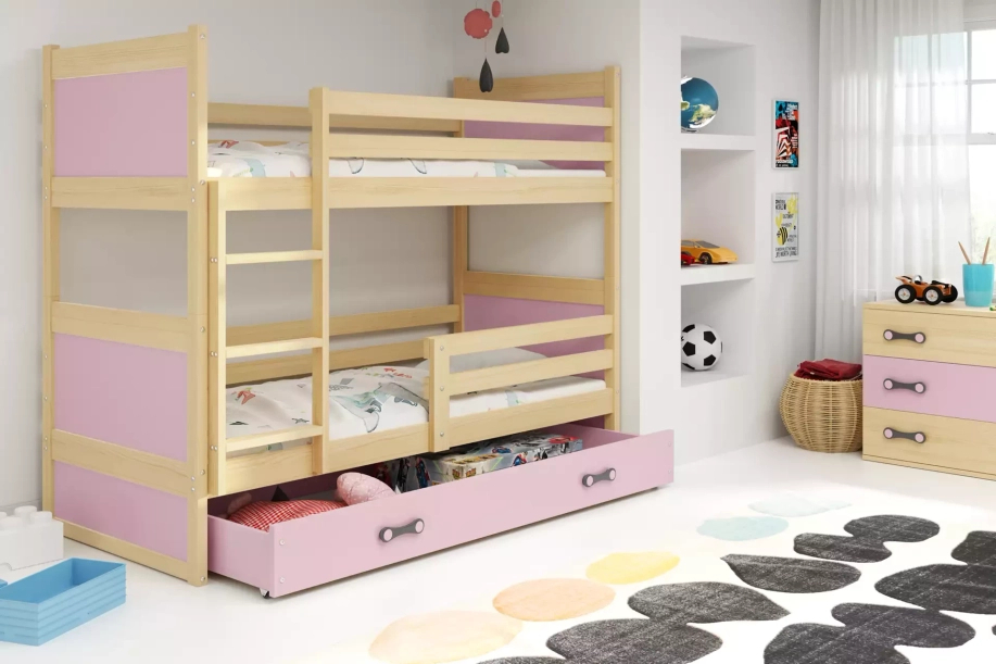 Rico emeletes ágy 90x190, matraccal és fiókkal, fenyő/rózsaszín