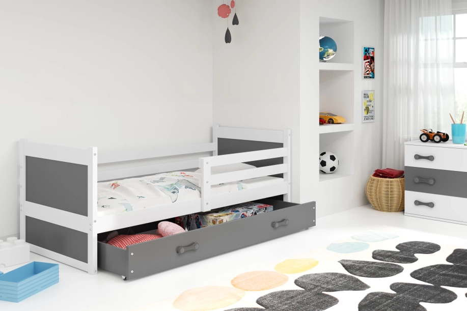 Junior egyszemélyes ágy RICO 80X190 matraccal és fiókkal, fehér/gráfita