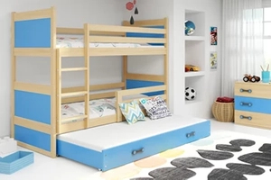 Háromszemélyes ifjúsági ágy RICO 90X200 matraccal és fiókkal, fenyő/kék