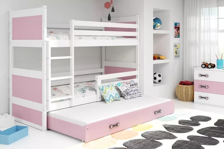 3 ÜLÉSES TINI EMELETES ÁGY RICO FEHÉR KERET RÓZSASZÍN PANELEK RÓZSASZÍN FIÓKOS MATRAC NÉLKÜL 90 X 190