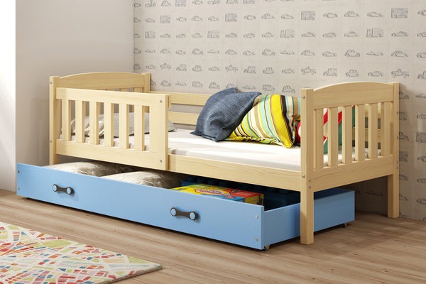 KUBUŚ 80X190 egyszemélyes ifjúsági ágy fiókkal, fenyő/kék