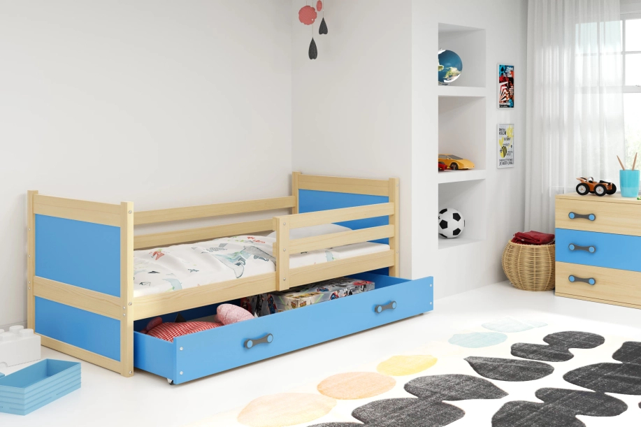 Egyszemélyes ifjúsági ágy RICO 90X200 matraccal és fiókkal, fenyő/kék
