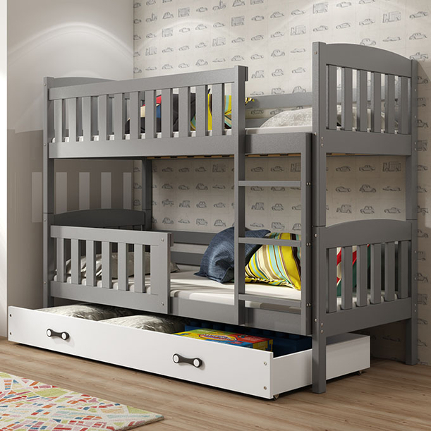 Emeletes ágy KUBUŚ 90X190 matraccal és fiókkal, grafit/fehér