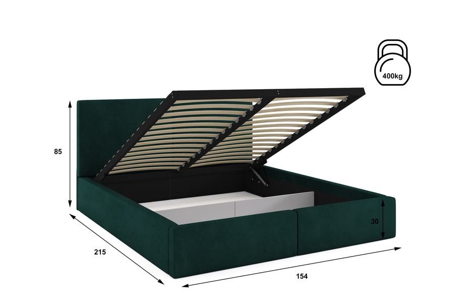 HILTON 140X200 kárpitozott hálószobaágy matraccal és tárolóval, zöld színű