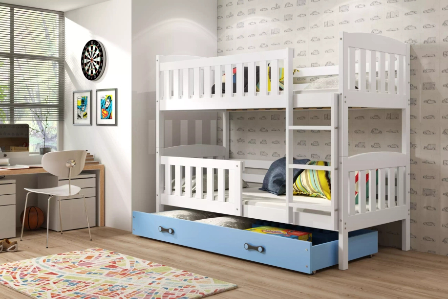 Junior emeletes ágy KUBUŚ 90X200 fiókkal, fehér/kék