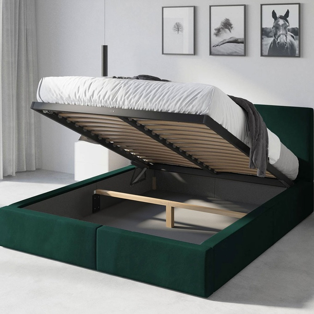 HILTON 120X200 kárpitozott hálószoba ágy, zöld, tárolódobozzal