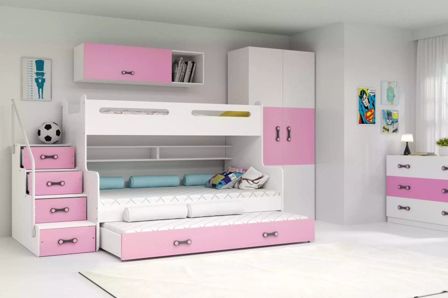 Háromszemélyes tizenéves ágy MAX 3 120X200 fiókkal, rózsaszínű