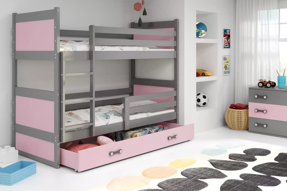 Rico emeletes ágy 90x190 fiókkal, szürke/rózsaszín, szürke/rózsaszín