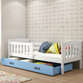 KUBUŚ 90X200 egyszemélyes ifjúsági ágy matraccal és fiókkal, fehér/kék