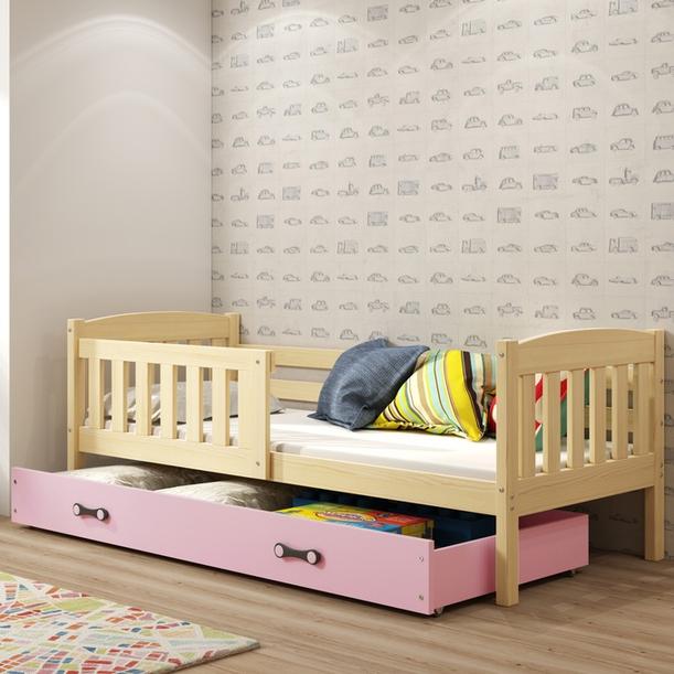 KUBUŚ 80X190 egyszemélyes ifjúsági ágy fiókkal, fenyő/rózsaszín