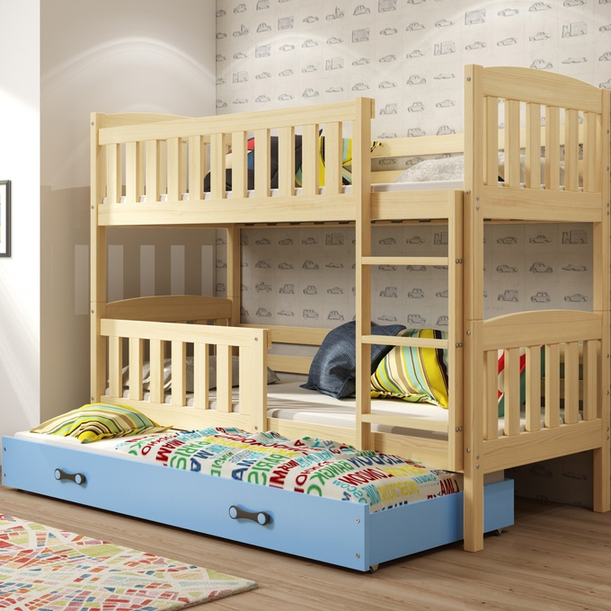 KUBUŚ 90X200 ifjúsági háromszemélyes ágy matraccal és fiókkal, fenyő/kék