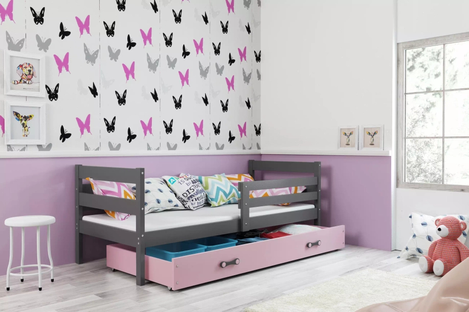 ERYK 80X190 egyszemélyes ifjúsági ágy fiókkal, grafit/rózsaszín