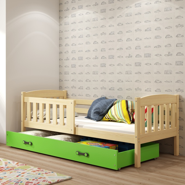 KUBUŚ 80X190 egyszemélyes ifjúsági ágy fiókkal, fenyő/zöld