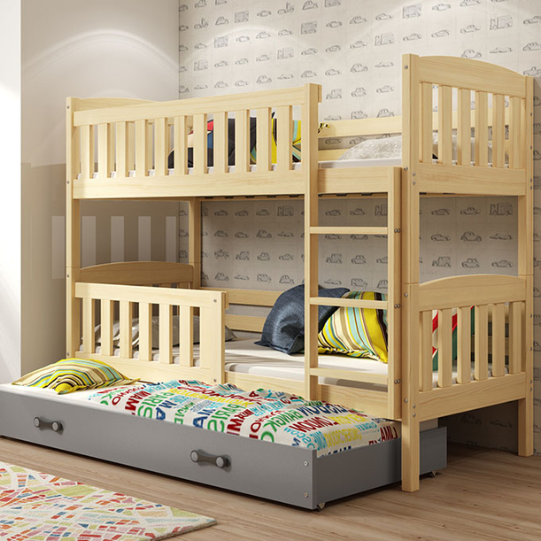 Jacquot 3 üléses tini emeletes ágy 90x190 fiókkal, fenyőszürke/szürke