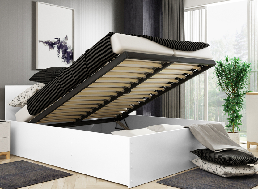 PANAMAX 140X200 hálószoba ágy, matraccal és ágyneműtartóval, fehér színben